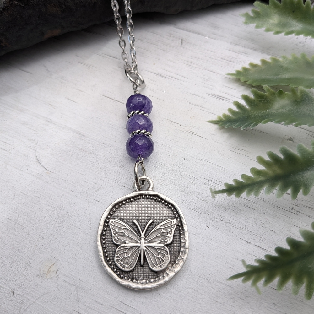Beaded Butterfly Pendant Necklace with Amethyst Beads